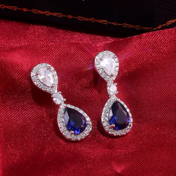 💝Noble Water Drop Royal Blue And White Pear Zircon Stud Earrings, UNVN12417 - Picture 4 of 7